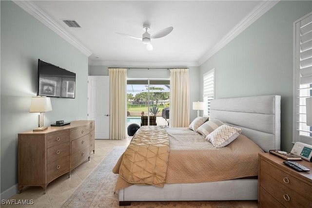 8423 Gleneagle Way, Naples, FL 34120 - bedroom featuring crown molding, access to outside, light tile patterned flooring, and ceiling fan