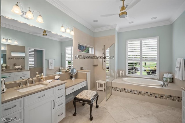 8423 Gleneagle Way, Naples, FL 34120 - full bath with a garden tub, plenty of natural light, tile patterned flooring, ceiling fan, and crown molding