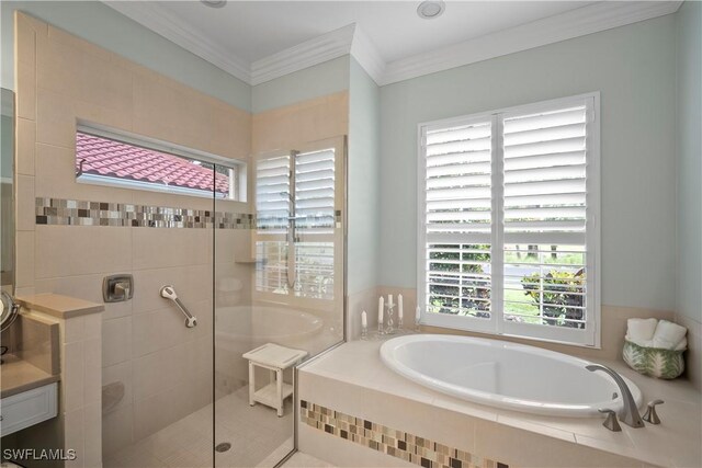 8423 Gleneagle Way, Naples, FL 34120 - bathroom featuring a garden tub, a tile shower, crown molding, and vanity