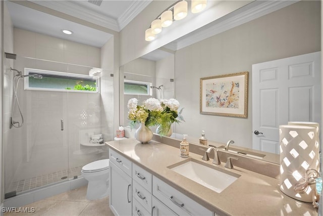 8423 Gleneagle Way, Naples, FL 34120 - full bath featuring crown molding, a shower stall, vanity, and tile patterned floors