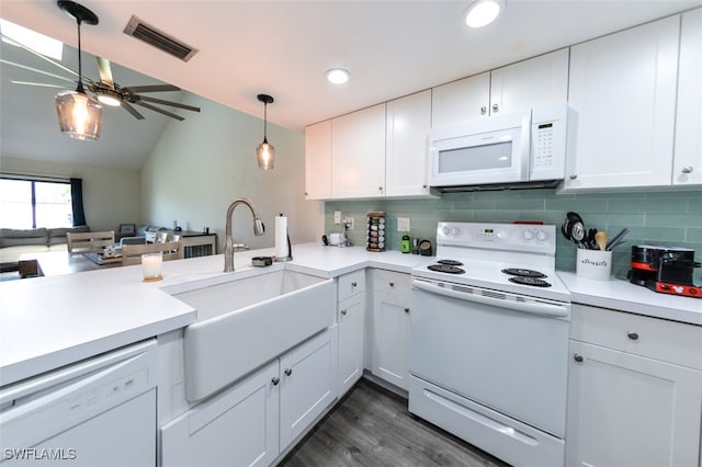 12964 Meadowood Ct, Fort Myers, FL 33919 - kitchen with white appliances, a ceiling fan, a sink, light countertops, and white cabinetry