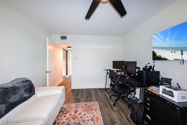 12964 Meadowood Ct, Fort Myers, FL 33919 - office area featuring wood finished floors, ceiling fan, and baseboards