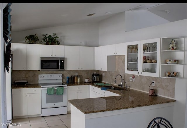 4191 18th Pl SW, Naples, FL 34116 - kitchen featuring stainless steel microwave, white range with electric stovetop, a sink, a peninsula, and dark stone counters