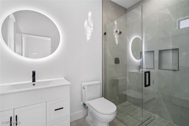 133 Fox Ave S, Lehigh Acres, FL 33974 - full bathroom featuring toilet, vanity, a stall shower, and baseboards