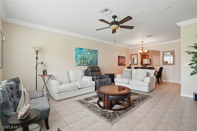 10020 Ravello Blvd, Fort Myers, FL 33905 - living room with crown molding, a chandelier, light tile patterned floors, a ceiling fan, and baseboards