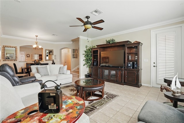 10020 Ravello Blvd, Fort Myers, FL 33905 - living room featuring arched walkways, ornamental molding, ceiling fan, a chandelier, and light tile patterned floors