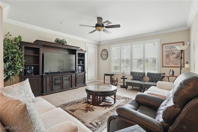 10020 Ravello Blvd, Fort Myers, FL 33905 - living area with light tile patterned flooring, a ceiling fan, ornamental molding, and baseboards