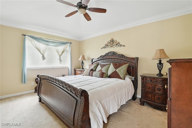 10020 Ravello Blvd, Fort Myers, FL 33905 - bedroom with light colored carpet, ornamental molding, baseboards, and ceiling fan
