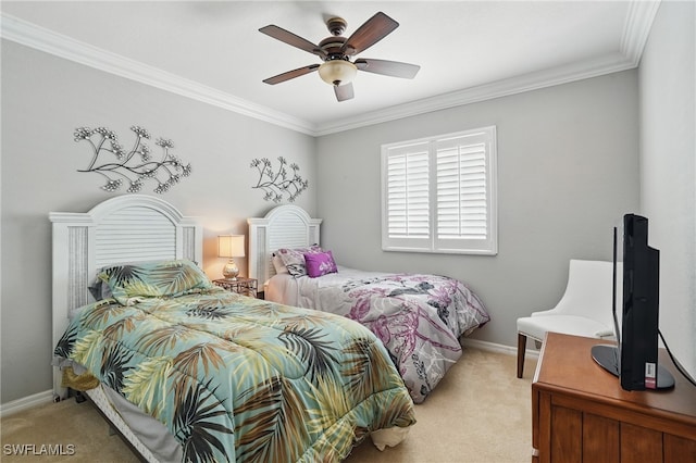10020 Ravello Blvd, Fort Myers, FL 33905 - bedroom with light colored carpet, ornamental molding, baseboards, and ceiling fan