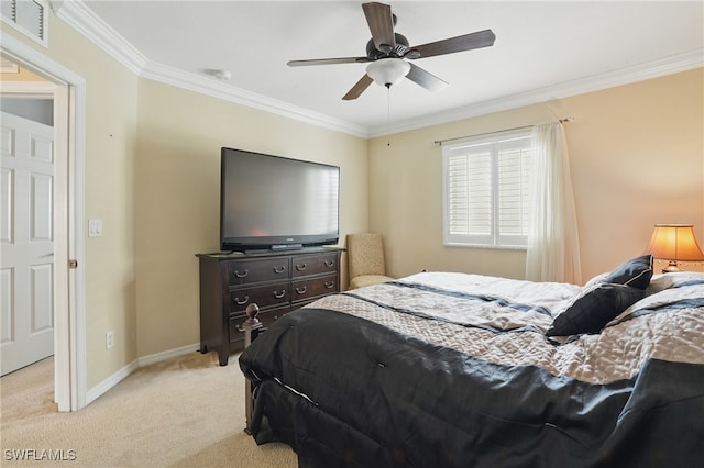 10020 Ravello Blvd, Fort Myers, FL 33905 - bedroom with light colored carpet, crown molding, baseboards, and ceiling fan