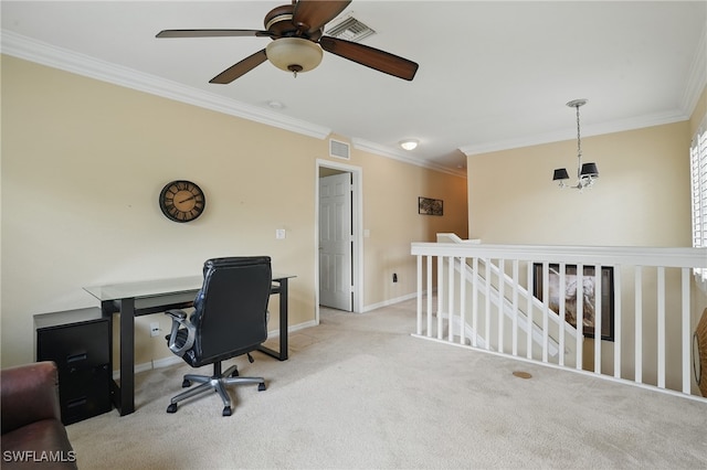 10020 Ravello Blvd, Fort Myers, FL 33905 - carpeted home office featuring ornamental molding, baseboards, and a ceiling fan