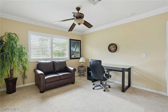 10020 Ravello Blvd, Fort Myers, FL 33905 - carpeted home office with crown molding, baseboards, and ceiling fan