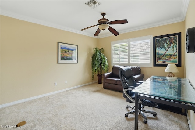 10020 Ravello Blvd, Fort Myers, FL 33905 - home office with crown molding, a ceiling fan, carpet, and baseboards