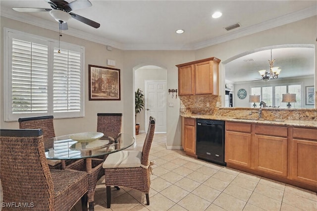 10020 Ravello Blvd, Fort Myers, FL 33905 - kitchen with dishwasher, a sink, arched walkways, a chandelier, and ornamental molding