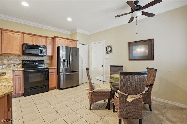 10020 Ravello Blvd, Fort Myers, FL 33905 - kitchen with black appliances, light tile patterned floors, tasteful backsplash, ornamental molding, and light stone counters