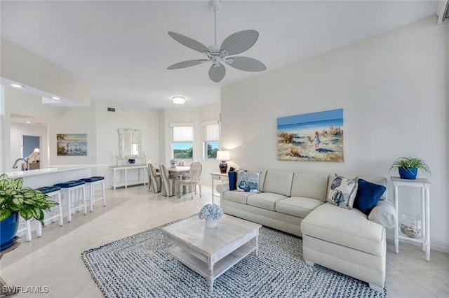 460 Launch Cir Ph 01, Naples, FL 34108 - living room with a ceiling fan, light tile patterned floors, and recessed lighting