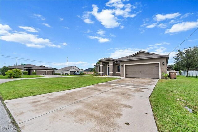 2211 SW 12th Ln, Cape Coral, FL 33991 - ranch-style house with stucco siding, a front yard, concrete driveway, and a garage