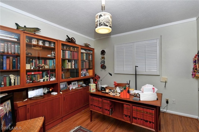 104 Waterview Ave, Lehigh Acres, FL 33936 - office area with wood finished floors, ornamental molding, and a textured ceiling