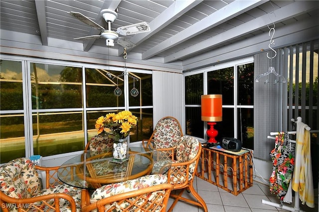 104 Waterview Ave, Lehigh Acres, FL 33936 - sunroom featuring a ceiling fan and beam ceiling