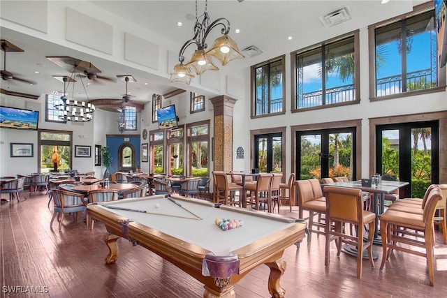 9065 Albion Ln N Unit 4909, Naples, FL 34113 - playroom with a high ceiling, a ceiling fan, pool table, recessed lighting, and hardwood / wood-style flooring
