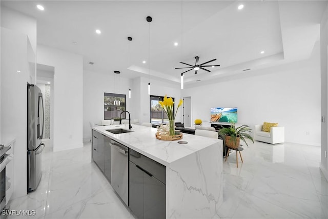 1921 SW 4th St, Cape Coral, FL 33991 - kitchen with modern cabinets, stainless steel appliances, a sink, a tray ceiling, and a large island with sink