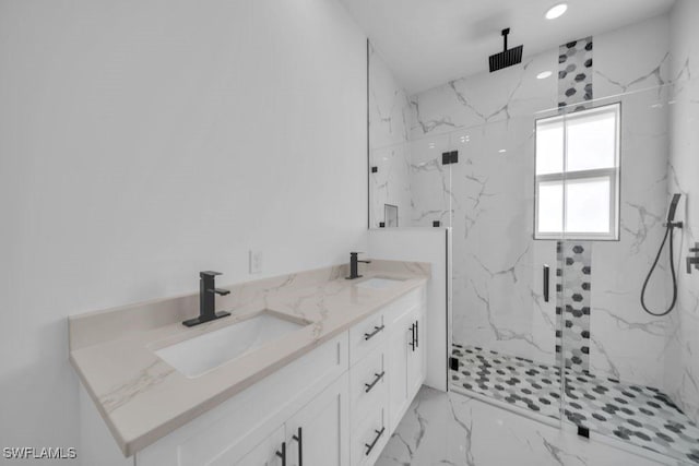 1205 W 14th St, Lehigh Acres, FL 33972 - full bathroom with a marble finish shower, marble finish floors, double vanity, and recessed lighting