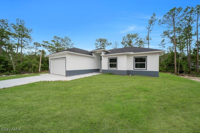 1205 W 14th St, Lehigh Acres, FL 33972 - view of front of home with stucco siding, a garage, concrete driveway, and a front yard