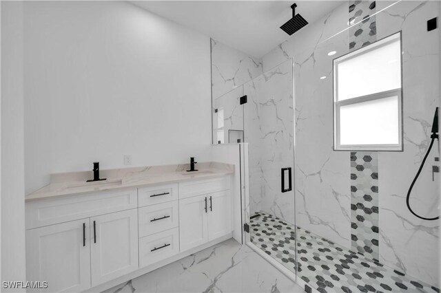 1205 W 14th St, Lehigh Acres, FL 33972 - bathroom with a marble finish shower, marble look tiles, and double vanity