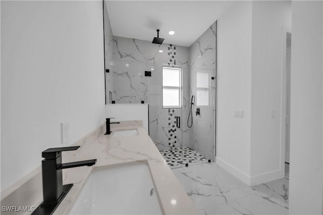 1205 W 14th St, Lehigh Acres, FL 33972 - full bathroom featuring marble tiled flooring, a marble finish shower, and double vanity
