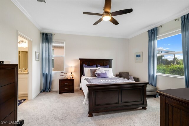 16126 Rosemallow Ln, Alva, FL 33920 - bedroom featuring light carpet, crown molding, connected bathroom, ceiling fan, and baseboards