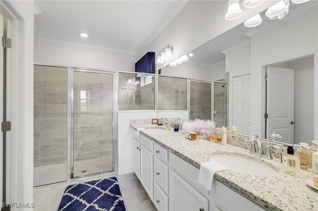 16126 Rosemallow Ln, Alva, FL 33920 - full bathroom featuring double vanity, a shower stall, ornamental molding, and recessed lighting
