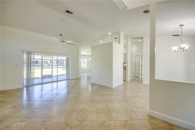 1101 SE 14th Ter, Cape Coral, FL 33990 - empty room featuring ceiling fan, high vaulted ceiling, a chandelier, light tile patterned floors, and recessed lighting