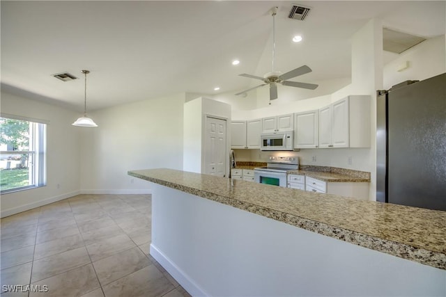 1101 SE 14th Ter, Cape Coral, FL 33990 - kitchen featuring white appliances, white cabinets, light countertops, a ceiling fan, and pendant lighting