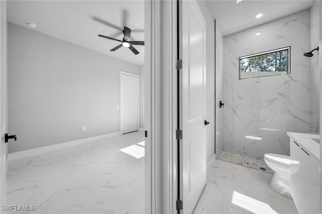 2512 10th St W, Lehigh Acres, FL 33971 - bathroom with toilet, vanity, marble finish flooring, a marble finish shower, and ceiling fan