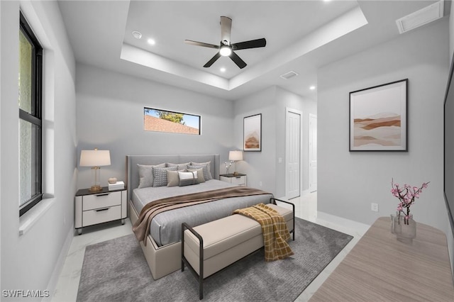 2512 10th St W, Lehigh Acres, FL 33971 - bedroom featuring recessed lighting, a raised ceiling, baseboards, ceiling fan, and a closet