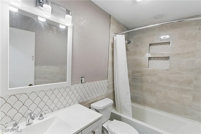 1423 SE 24th Ave, Cape Coral, FL 33990 - bathroom featuring vanity, toilet, shower / bath combo with shower curtain, tile walls, and tasteful backsplash