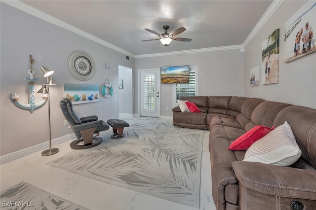 23520 Walden Center Dr Unit 207, Estero, FL 34134 - living area with a ceiling fan, ornamental molding, baseboards, and carpet floors