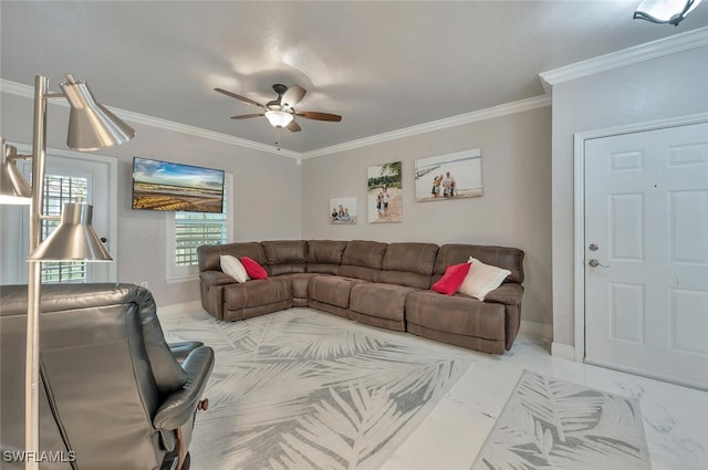 23520 Walden Center Dr Unit 207, Estero, FL 34134 - living room featuring ceiling fan, ornamental molding, marble finish flooring, and baseboards