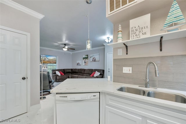 23520 Walden Center Dr Unit 207, Estero, FL 34134 - kitchen with white dishwasher, a sink, crown molding, open shelves, and light marble finish flooring