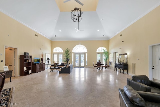 23520 Walden Center Dr Unit 207, Estero, FL 34134 - living room featuring high vaulted ceiling, french doors, ornamental molding, and a ceiling fan