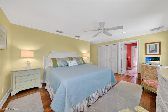 1043 Sand Castle Rd, Sanibel, FL 33957 - bedroom with a closet, wood finished floors, ceiling fan, recessed lighting, and crown molding