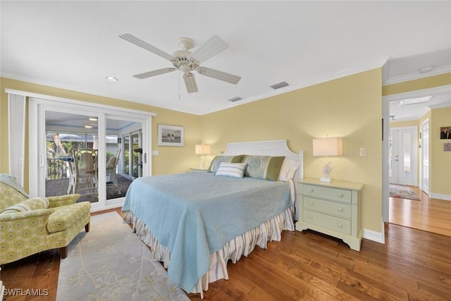 1043 Sand Castle Rd, Sanibel, FL 33957 - bedroom featuring hardwood / wood-style floors, access to outside, crown molding, recessed lighting, and ceiling fan