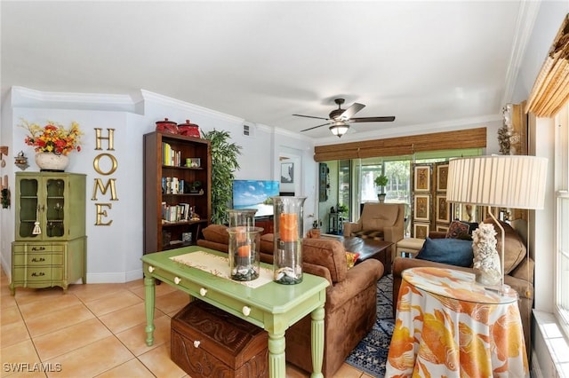 10921 Santa Margherita Rd Unit 104, Estero, FL 34135 - living room with a ceiling fan, light tile patterned floors, and ornamental molding
