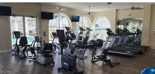 10921 Santa Margherita Rd Unit 104, Estero, FL 34135 - gym featuring a ceiling fan and wood finished floors