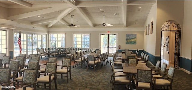 10921 Santa Margherita Rd Unit 104, Estero, FL 34135 - dining area featuring a ceiling fan, beam ceiling, coffered ceiling, and recessed lighting