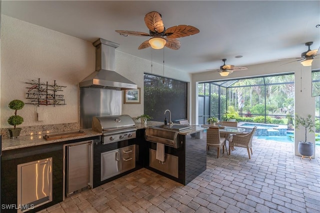 6848 Winding Cypress Dr, Naples, FL 34114 - view of patio featuring a ceiling fan, glass enclosure, and a pool with connected hot tub