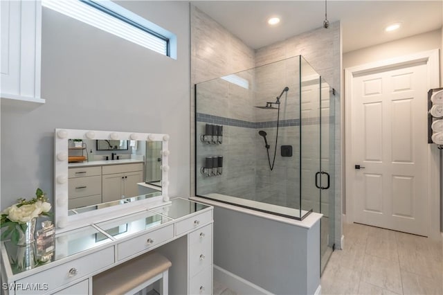 6848 Winding Cypress Dr, Naples, FL 34114 - full bath featuring a shower stall, vanity, and recessed lighting