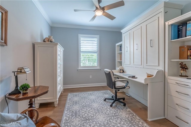 6848 Winding Cypress Dr, Naples, FL 34114 - office area with ceiling fan, light wood-type flooring, ornamental molding, and baseboards