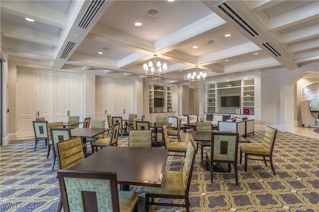6848 Winding Cypress Dr, Naples, FL 34114 - dining area featuring carpet, a chandelier, arched walkways, coffered ceiling, and beamed ceiling