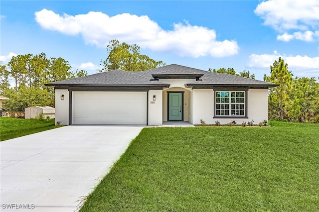 365 Woodburn Dr, Lehigh Acres, FL 33972 - prairie-style home featuring stucco siding, concrete driveway, a garage, a front yard, and a shingled roof